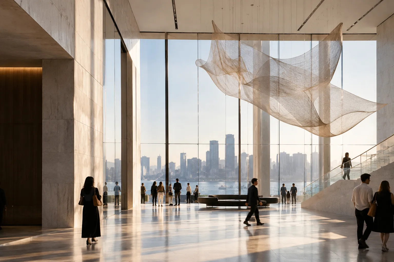 People walking through a bright atrium beneath a suspended woven sculpture